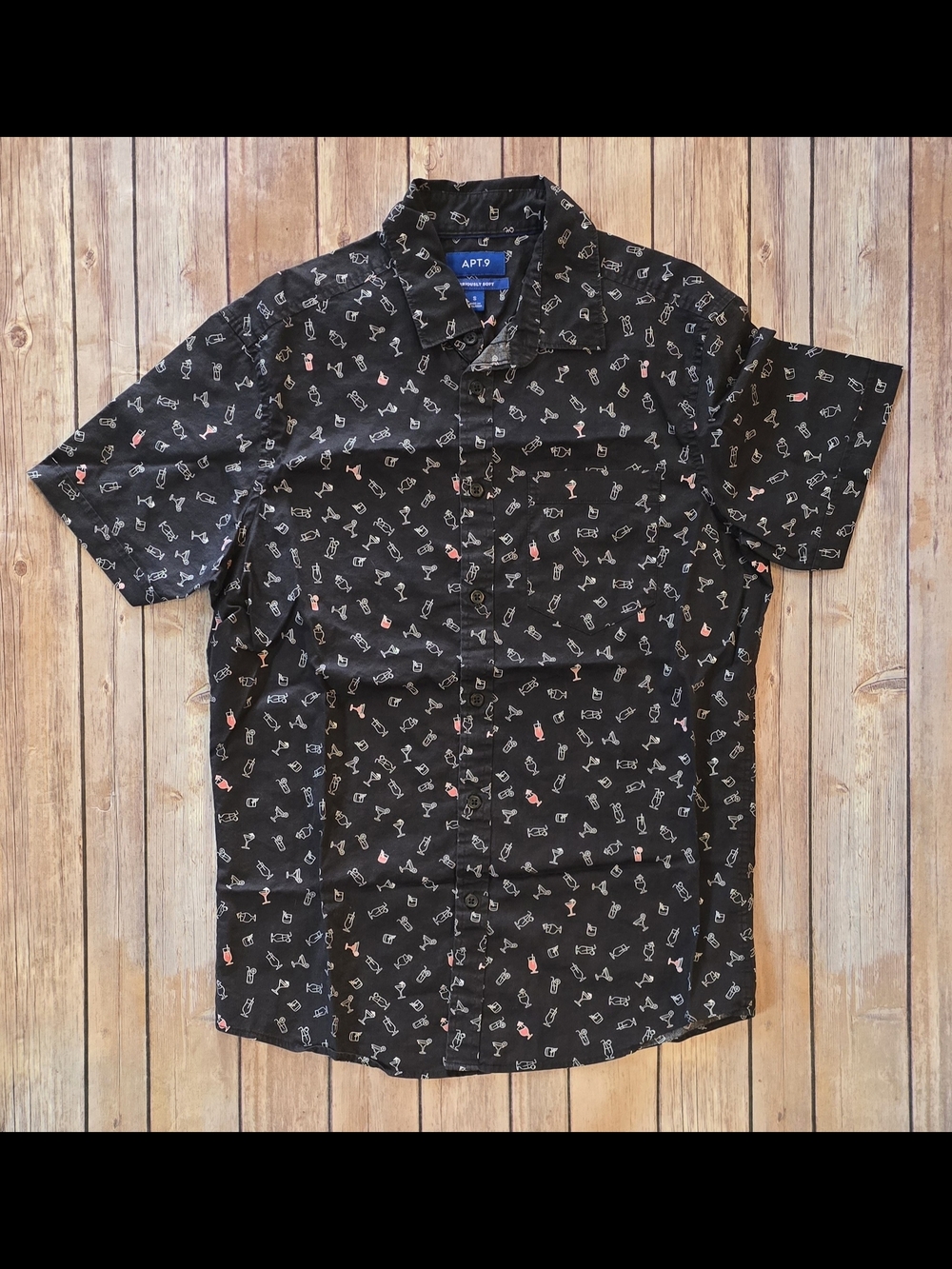 Apt. 9 Black Short-Sleeve Button-Down with Multi-Icon Print